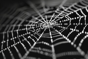 A black and white photo featuring a spider web against a contrasting background, An intricate spider web design using binary digits, AI Generated - Powered by Adobe