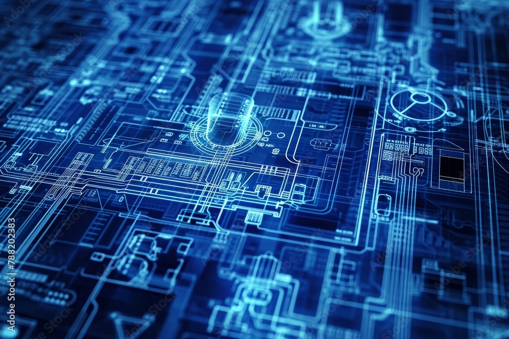Poster a detailed blueprint image showcasing the intricate layout and design of a computer circuit board, a