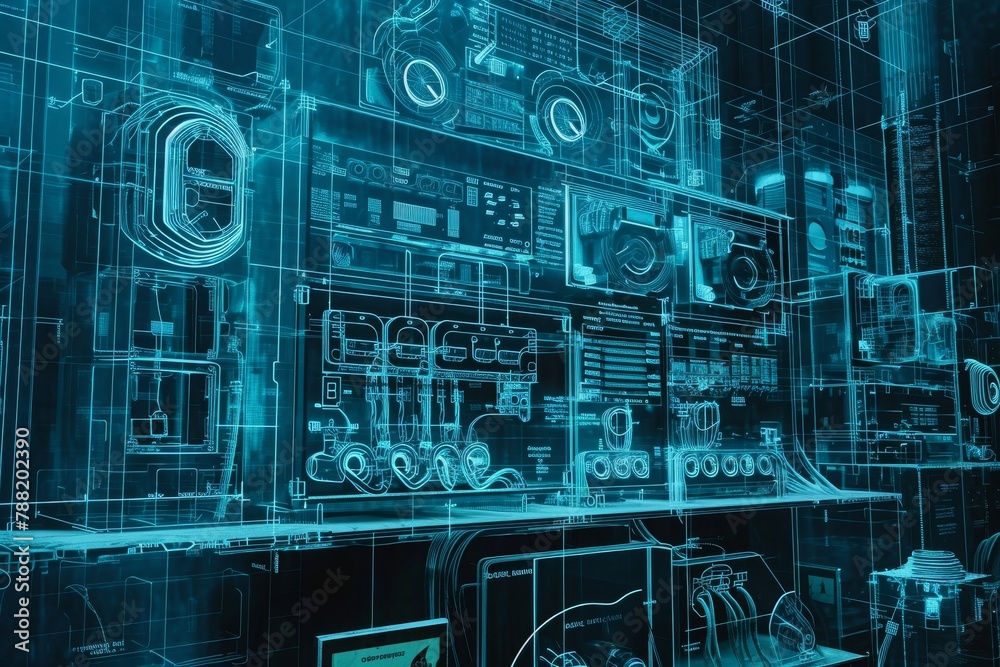 Poster a computer screen covered in a complex network of wires, showcasing a multitude of interconnected co