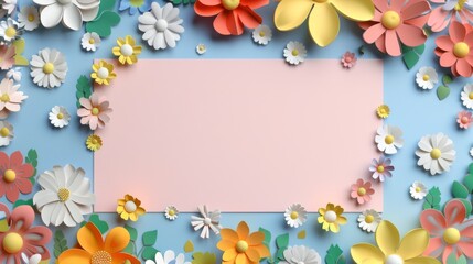 Floral patterns around edges. Beautiful background with delicate plants blooming at edges on white backdrop. Horizontal border with pastel spring summer flowers