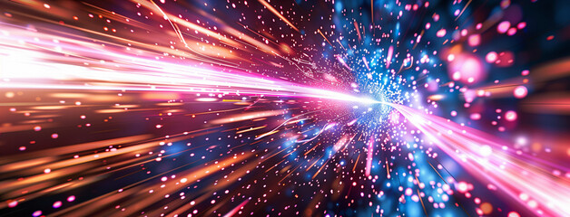 Fototapeta premium fiber optics background with lots spots, Global Data transfer, Fiber optic background, fiber optic network, colored electric cables and led. optical fiber background for technology, Ai