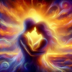 Twin flame couple. Soulmates. The concept of magical, esoteric, tantric, spiritual love. Connection between souls. Illustration for websites and much more. Created using generative ai tools.