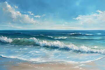 This photo is a painting capturing a beach scene with powerful waves rolling towards the shore, An...