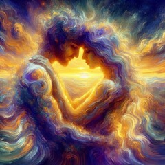 Twin flame couple. Soulmates. The concept of magical, esoteric, tantric, spiritual love. Connection between souls. Illustration for websites and much more. Created using generative ai tools.