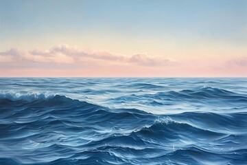 This photo shows a painting featuring a large expanse of water, capturing the essence of its immensity and presence, An oil painting of a tranquil ocean with gentle waves, AI Generated