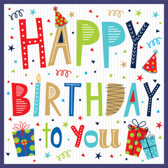 Happy birthday card design with colorful text and gifts