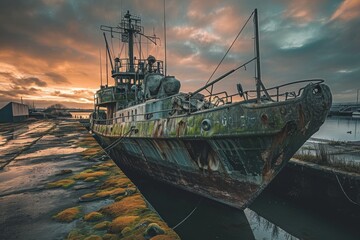 A rusted boat sits motionless on top of a dry dock, showing signs of age and neglect, An old, moss-covered naval ship abandoned in a deserted dock, AI Generated - Powered by Adobe