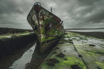 A boat is visible, partially covered in mud, as it sits stranded in shallow waters, An old, moss-covered naval ship abandoned in a deserted dock, AI Generated - Powered by Adobe