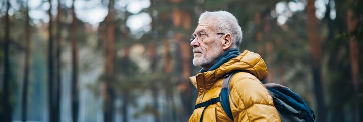 Middle aged man hiking in mountain landscape for outdoor adventure exploration with space for text