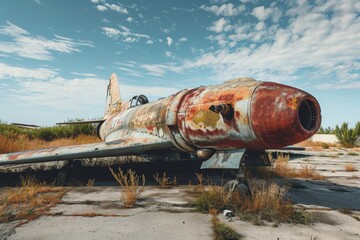 A rusted airplane sits on top of a vast field, abandoned and weathered by time, An old rusty fighter aircraft forgotten in a deserted airfield, AI Generated