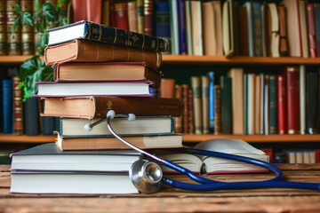 Medical education - stack of books with stethoscope on the table in library