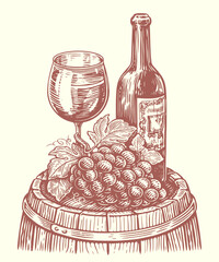 Wine bottle and wine glass on wodden barrel. Winery, vineyard sketch. Vintage vector illustration