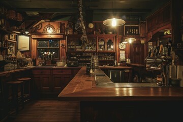 This photo depicts a bar counter filled with a large assortment of bottles, offering a wide selection of drinks, An old-fashioned pub kitchen at the break of dawn, AI Generated