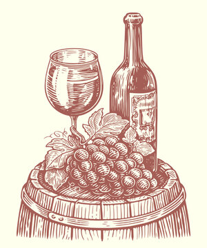 recommend clip art: Wine bottle and wine glass on wodden barrel. Winery, vineyard sketch. Vintage vector illustration