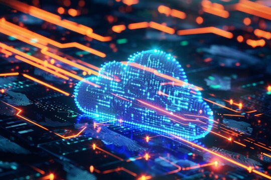 A blue cloud hovers above a computer chip, creating an intriguing image of technology and atmosphere coming together, An opcode based representation of data in cloud storage, AI Generated