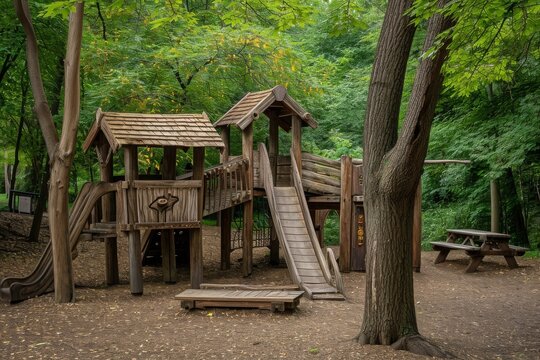 A wooden play set stands among the trees in a natural wooded area, An old-fashioned, wooden playground from the 1960s, AI Generated