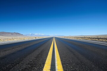 An image of a long, vacant road with yellow lines in the center, leading towards the distant horizon, An open highway under the clear blue sky, AI Generated - obrazy, fototapety, plakaty