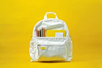 Opened School backpack with stationery on yellow background. Concept back to school. School supplies with white school bag