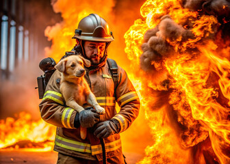 A male firefighter in special equipment against a background of flames and clouds of black smoke. A rescuer on fire. A firefighter rescued a puppy from the fire.