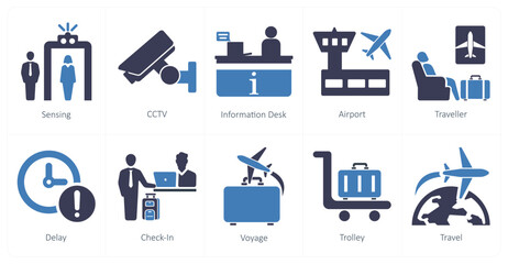 A set of 10 airport icons as sensing, cctv, information desk - obrazy, fototapety, plakaty