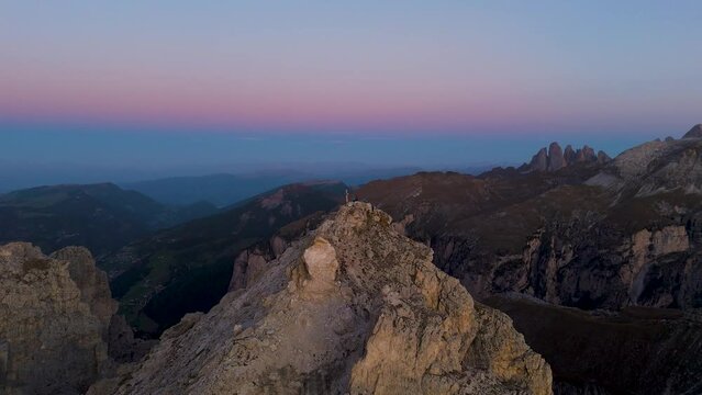 Aerial view of Dolomites, Pizes de Cir at twilight, Trentino, Italy.