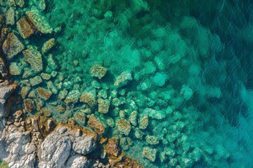 Fototapeta premium An aerial photograph showcasing a wide expanse of water, capturing the natural beauty of the surrounding landscape, An overhead capture of clear emerald sea with a rocky shore, AI Generated