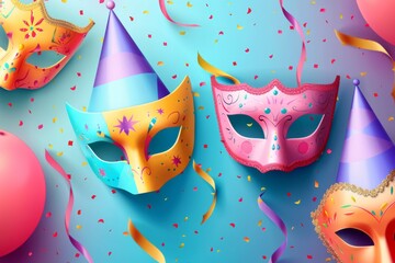 Mystical Elegance: Celebrate in Style at Masquerade Balls with Elaborate Attire and Vibrant Celebrations in a Colorful and Elegant Setting - obrazy, fototapety, plakaty