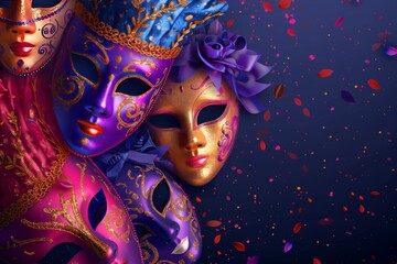 Opulent Celebrations: Experience the Enchantment of Masked Balls with Vibrant Celebrations and Elegant Costumes in a Colorful Setting - obrazy, fototapety, plakaty