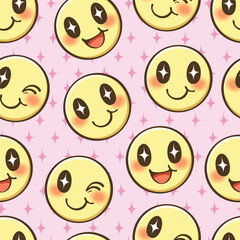 Seamless pattern of cute smiley face cartoon. Big, sparkling eyes, red cheeks, and one eye winked. Pattern for fabric and wrapping paper, Pattern for design wallpaper and fashion prints.
