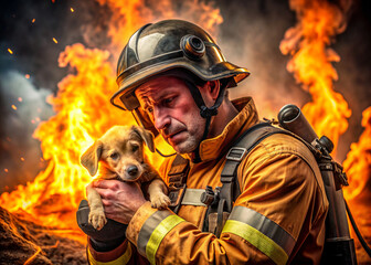 A male firefighter in special equipment against a background of flames and clouds of black smoke. A rescuer on fire. A firefighter rescued a puppy from the fire. - obrazy, fototapety, plakaty