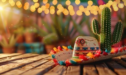Mexican hat with cactus on wooden table. Bokeh lights. Cinco de mayo background