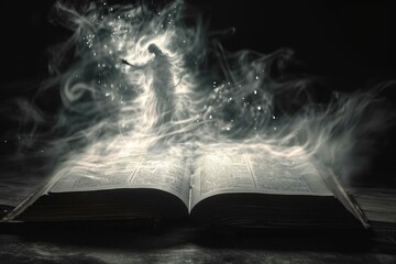 An open book releasing smoke into the air, An unearthly apparition rising from the pages of an...
