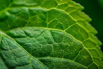 The close-up photograph showcases a single green leaf with glistening water droplets, An up close, macro view of a mint leaf revealing intricate texture and patterns, AI Generated - obrazy, fototapety, plakaty