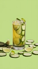 A sleek highball glass containing a refreshing blend of cucumber and lime juice, with cucumber slices and lime wedges scattered around the base