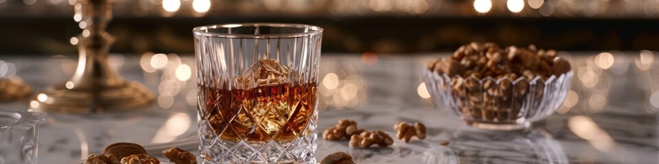 Glass of whiskey in a crystal glass. Bowl of nuts. Bokeh lights in the background.