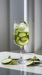 A sleek highball glass containing a refreshing blend of cucumber and lime juice, with cucumber slices and lime wedges scattered around the base