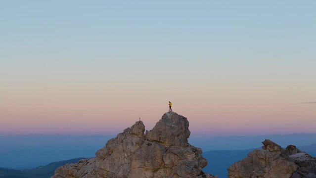 Aerial view of Dolomites, Pizes de Cir at sunset with majestic mountain peaks and rugged rock formations, Trentino, Italy.