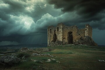 Obraz premium A castle stands prominently in the middle of a vast field, as clouds gather in the brooding sky, Ancient castle weathering a violent storm, AI Generated