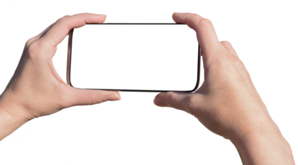 Phone in hand on transparent, png. A woman's hand holds a new modern phone in her hand with a blank white screen