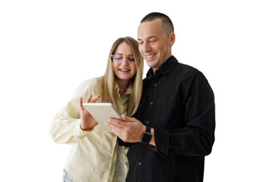 Positive creative male and female colleagues and office staff use the tablet. Transparent background.