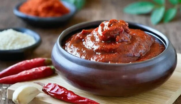 Korean gochujang (red chili paste), a spicy and sweet condiment in Korean cuisine.