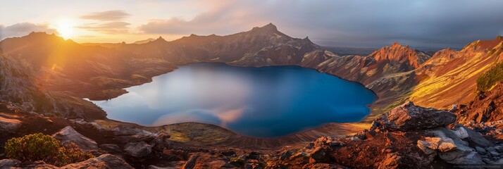 Serenade of the Sun: Majestic Mountain Sunrise Over a Pristine Crater Lake - obrazy, fototapety, plakaty