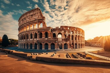 A photo capturing the imposing grandeur of the Roman Colosseum in Rome, showcasing its colossal architecture against a clear blue sky, Ancient Roman colosseum under the setting sun, AI Generated - obrazy, fototapety, plakaty