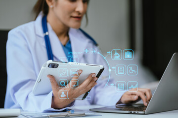 Medicine doctor hand working with modern digital tablet computer interface as medical network concept. - obrazy, fototapety, plakaty