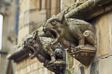 A detailed view of a gargoyle, a carved stone figure, on the side of a building, Ancient stone gargoyles perched on Gothic architecture, AI Generated