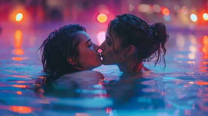 Vibrant and intimate kiss of a lesbian couple in a neon-lit pool at night, electric atmosphere - obrazy, fototapety, plakaty