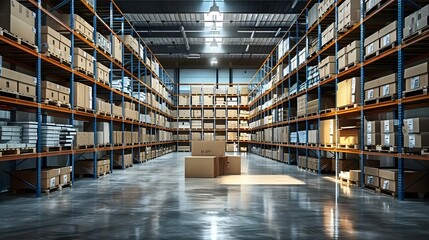 Spacious Warehouse Aisles with Organized Shelves and Boxes. Concept Warehouse Organization, Spacious Aisles, Organized Shelves, Box Storage, Industrial Facility - obrazy, fototapety, plakaty