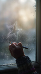 Child's hand drawing a star on a foggy window, View from inside looking out, Focus on the hand and the star shape