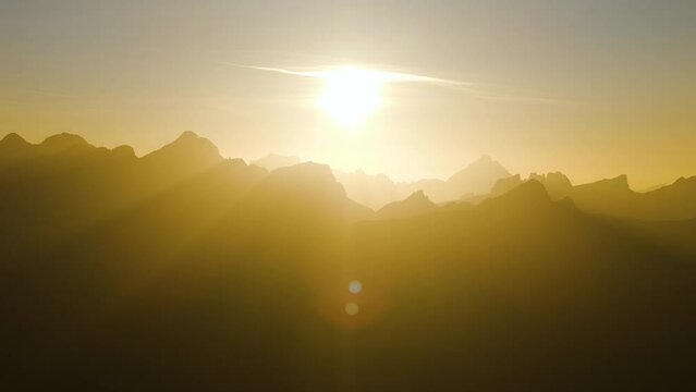 Aerial view of sunrise over Dolomites, Pizes de Cir, Trentino, Italy.