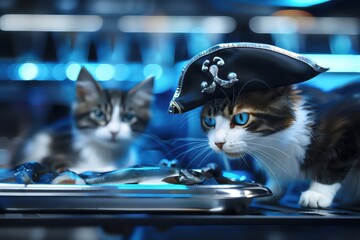 Cats in swashbuckling pirate attire feast on silver dishes of fish, their eyes gleaming with mischief and hunger, closeup